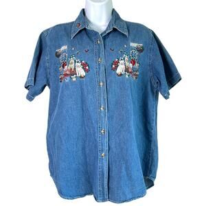 Vintage 90s Lets Quizz Again Embroidered Cat Denim Shirt Size Medium Cottage